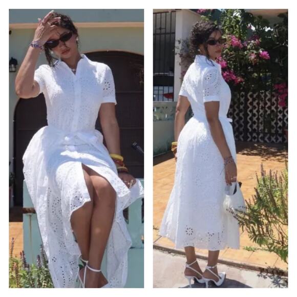 Zara Blogger Favorite White Eyelet Button Front Midi Shirt Dress Sz.S - Picture 4 of 13